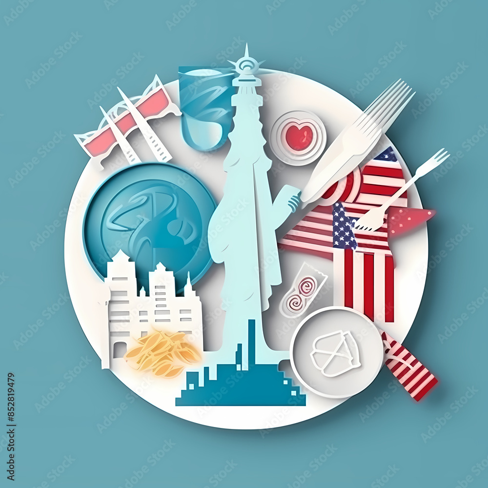 Obraz premium Paper cut style plate design with products from America..