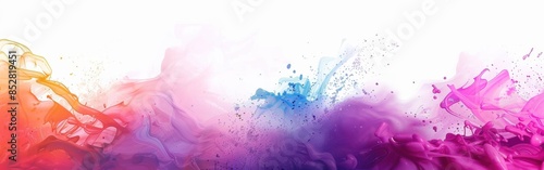 This image is an abstract background featuring a vibrant splatter of colorful paint on a white background. The paint appears to be liquid and flowing, with shades of pink, purple, blue, and orange cre photo