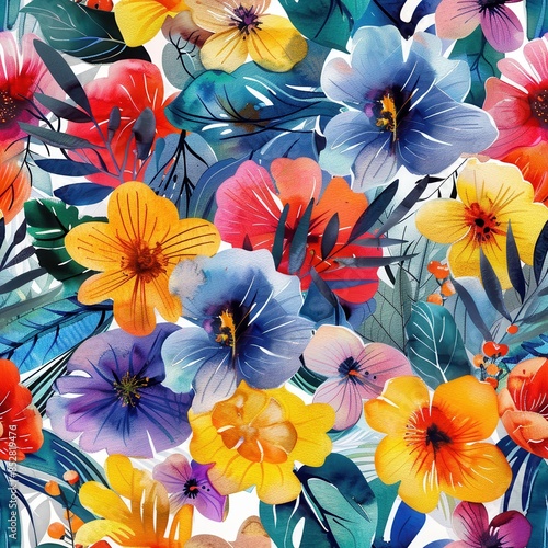Wallpaper Mural This digital painting features a vibrant and colorful collection of flowers and leaves. The flowers are rendered in shades of red, orange, yellow, blue, and purple, while the leaves are a lush green.  Torontodigital.ca