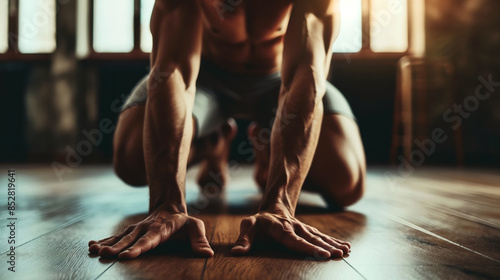 Focused male athlete performing a yoga pose on a wooden floor indoors