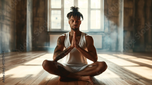 Man practicing yoga in a sunlit room, sitting cross-legged with eyes closed and hands in prayer position, focused on meditation.