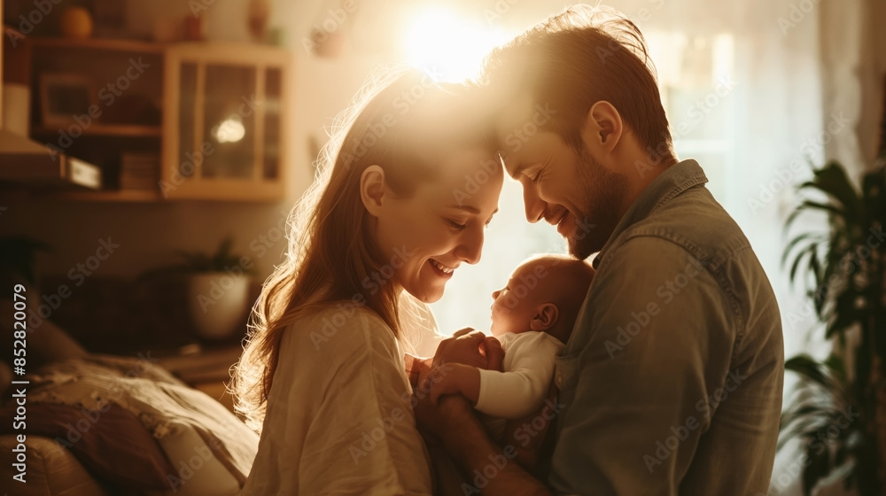 A loving couple smiling and holding their newborn baby in a warmly lit living room with sunlight streaming in through the window. A loving couple smiling and holding their newborn baby in a warmly lit living room with sunlight streaming in through the window.
