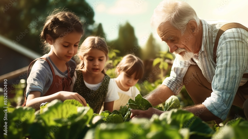 An elderly man teaches three young children how to garden. They are all focused on a row of green leafy plants under sunlight. An elderly man teaches three young children how to garden. They are all focused on a row of green leafy plants under sunlight.
