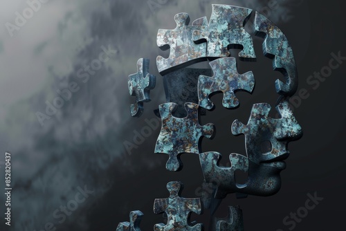 Adhd concept  head silhouette with interlocked puzzle pieces representing mental health challenges photo