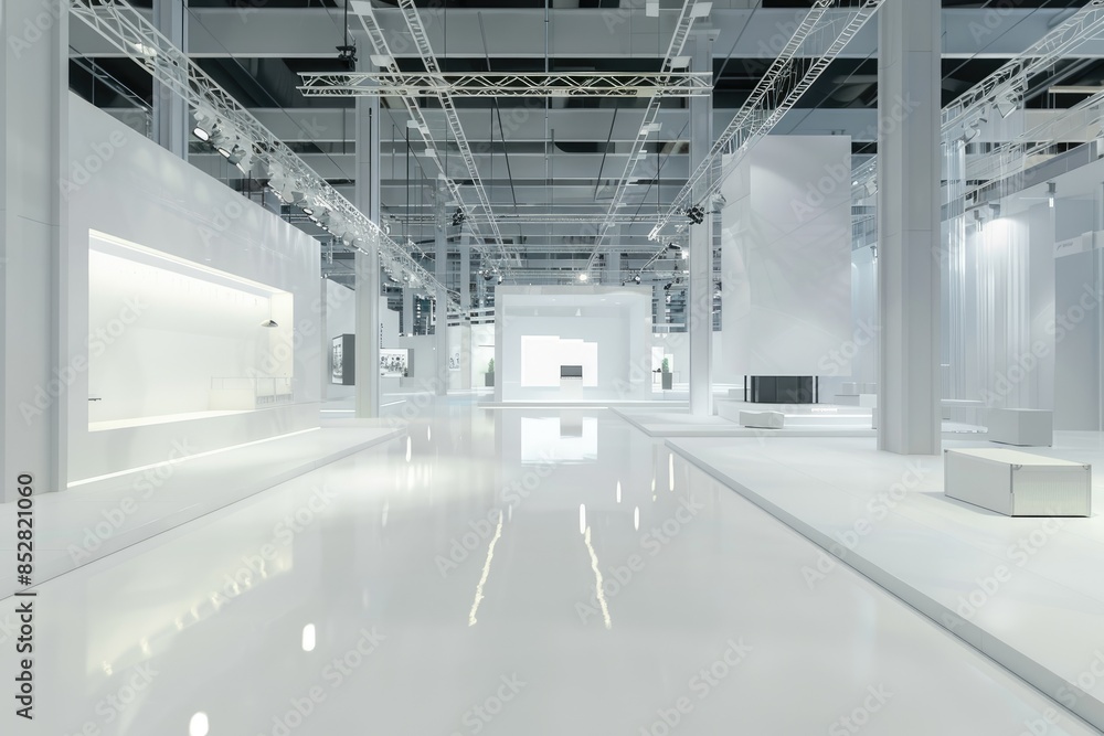 Obraz premium Empty exhibition stand in a large exhibition building with white interior
