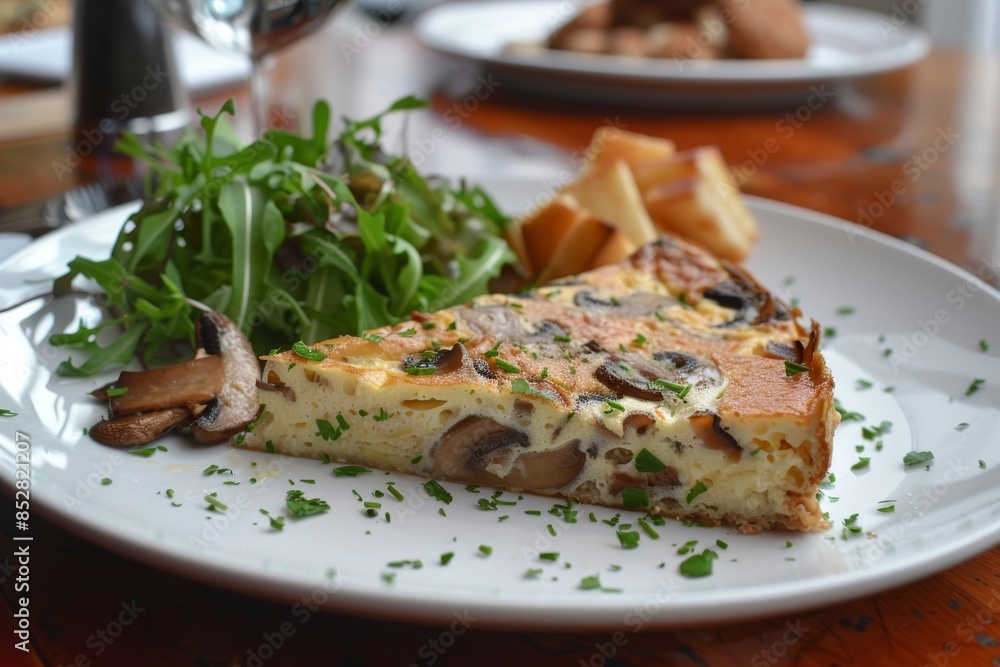 A fluffy frittata is filled with sauted mushrooms, spinach leaves A fluffy frittata is filled with sauted mushrooms, spinach leaves