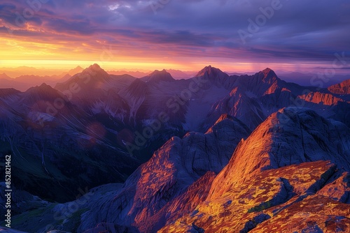 The first light of sunrise casting a golden glow over rugged mountain peaks, with the sky painted in hues of orange and purple, creating a majestic and serene morning scene.
