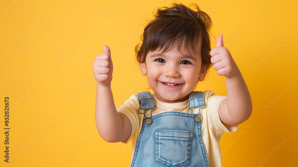 Happy toddler giving thumbs up on a yellow background Happy toddler giving thumbs up on a yellow background