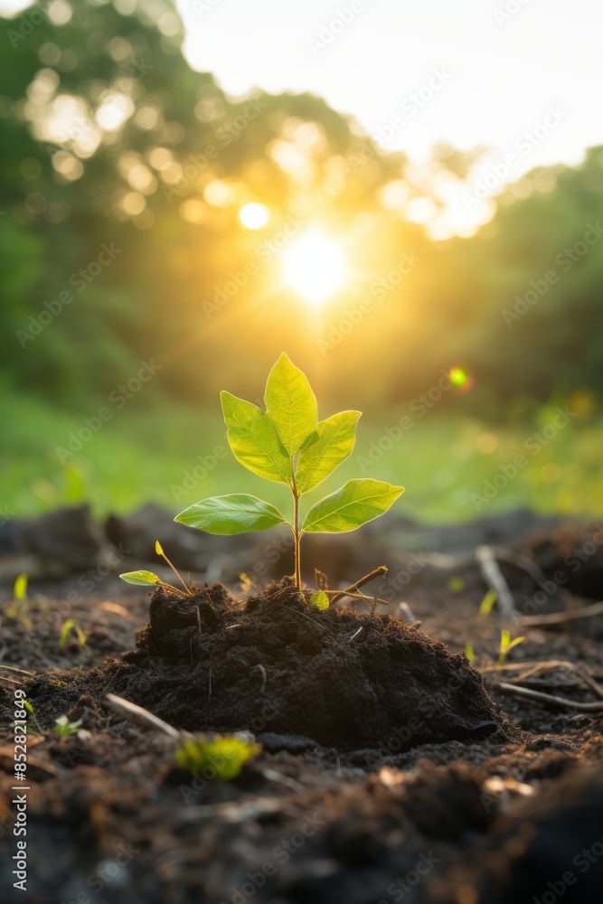 a young plant sprouting from the ground with the sun in the background a young plant sprouting from the ground with the sun in the background
