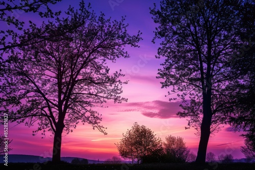 The breathtaking scenery of a serene twilight sky adorned with enchanting silhouettes of trees Perfect for a copy space image © Mamstock