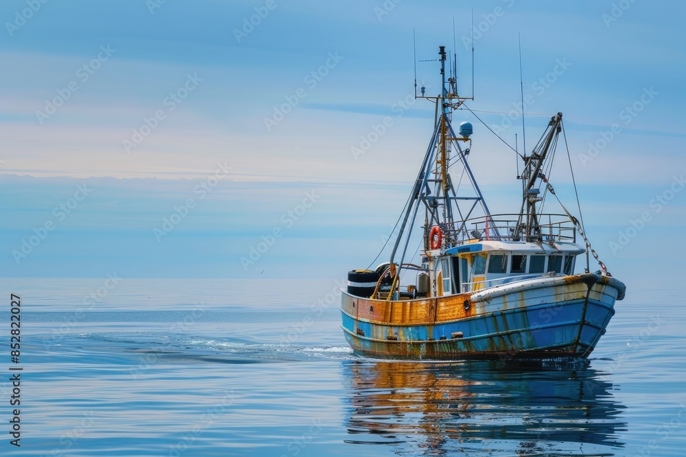 Serene maritime theme with a small ship. Small fishing boat sailing in an open sea. Leisure activity, sport and recreation, food industry. Serene maritime theme with a small ship. Small fishing boat sailing in an open sea. Leisure activity, sport and recreation, food industry.