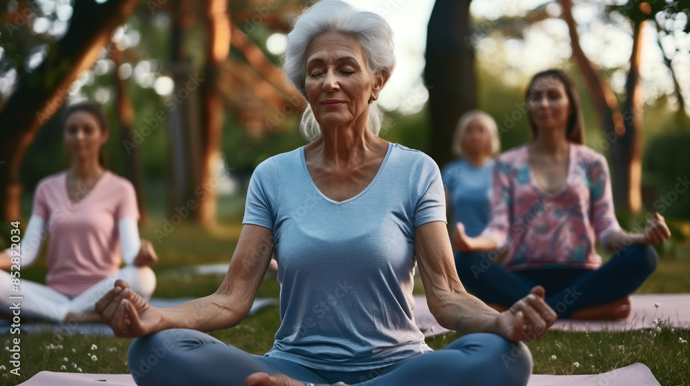 A group of women of different ages practicing yoga outdoors. The focus is on a senior woman meditating with closed eyes, enjoying a peaceful moment. A group of women of different ages practicing yoga outdoors. The focus is on a senior woman meditating with closed eyes, enjoying a peaceful moment.