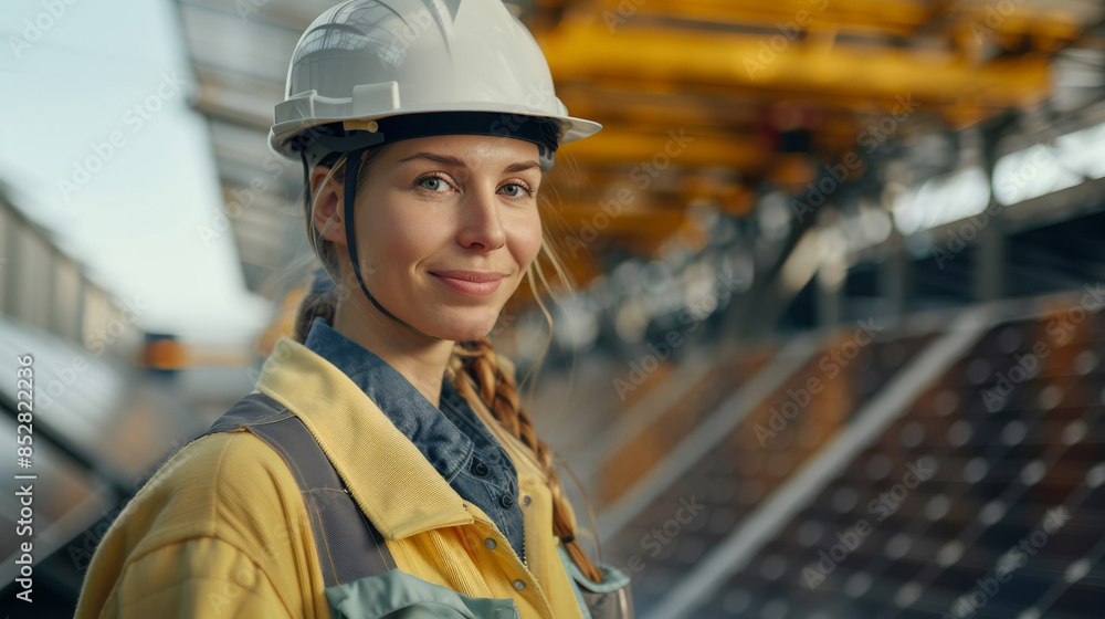 Confident Female Engineer in Hard Hat at Solar Energy Plant. Generative ai Confident Female Engineer in Hard Hat at Solar Energy Plant. Generative ai