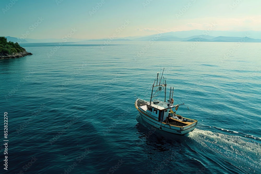 Serene maritime theme with a small ship. Small fishing boat sailing in an open sea. Leisure activity, sport and recreation, food industry. Serene maritime theme with a small ship. Small fishing boat sailing in an open sea. Leisure activity, sport and recreation, food industry.