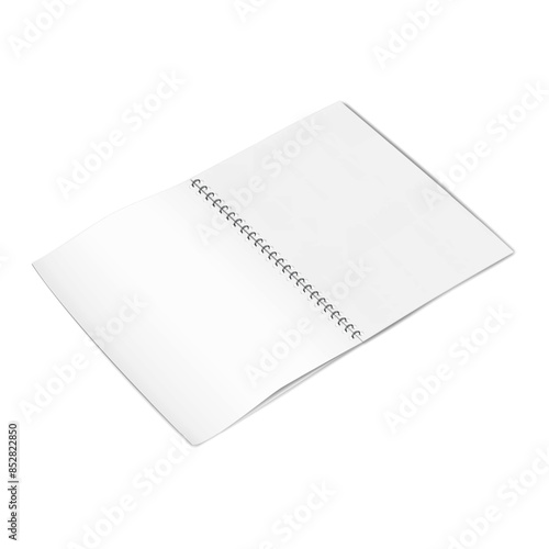 Open wire bound notebook. Realistic vector mock-up. Metal spiral notepad blank white pages. Mockup. Ring binder note book journal spread template