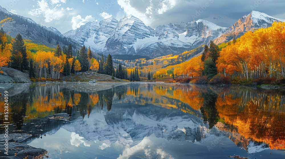 Obraz premium Serene lake with reflections of mountains and trees