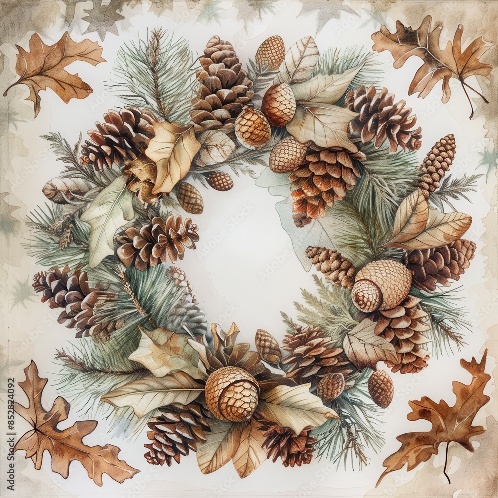 Fototapeta premium A watercolor illustration of a wreath made from pine cones, acorns, and leaves. The wreath is circular and is depicted against a white background. The artwork is detailed and realistic, capturing the 