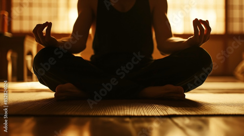 Person meditating in a cross-legged position with hands in a relaxed mudra, illuminated by warm, soft light in a serene indoor setting. photo