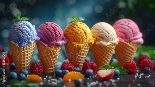 Various of ice cream flavor in cones blueberry, strawberry, pistachio, almond, orange and cherry setup on dark stone background . Summer and Sweet menu concept