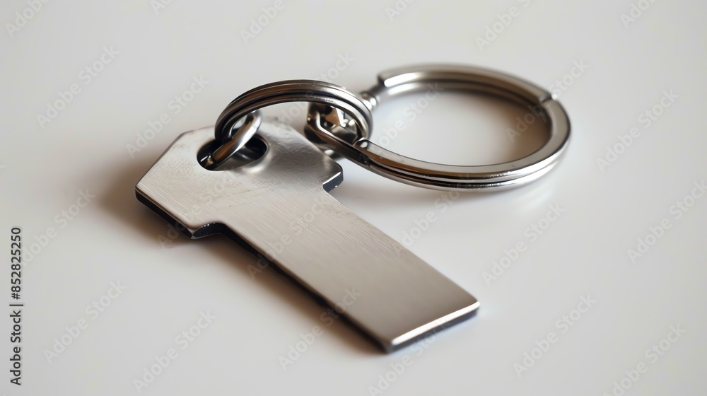 Close-up of a shiny metallic key on a keyring, resting on a white surface. Perfect for concepts of security, safety, and access. Close-up of a shiny metallic key on a keyring, resting on a white surface. Perfect for concepts of security, safety, and access.