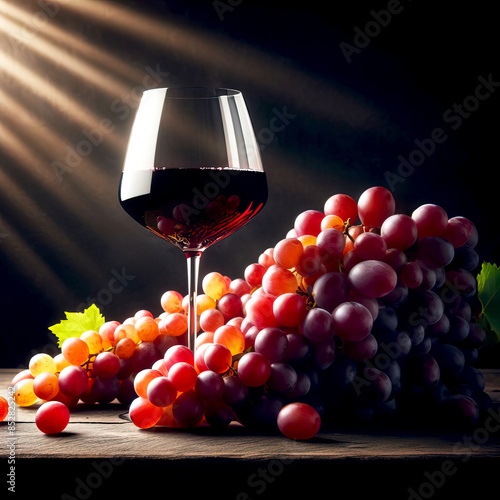 Wallpaper Mural a glass of wine and a branch of grapes in the back rays of light on a rustic wooden table. Torontodigital.ca