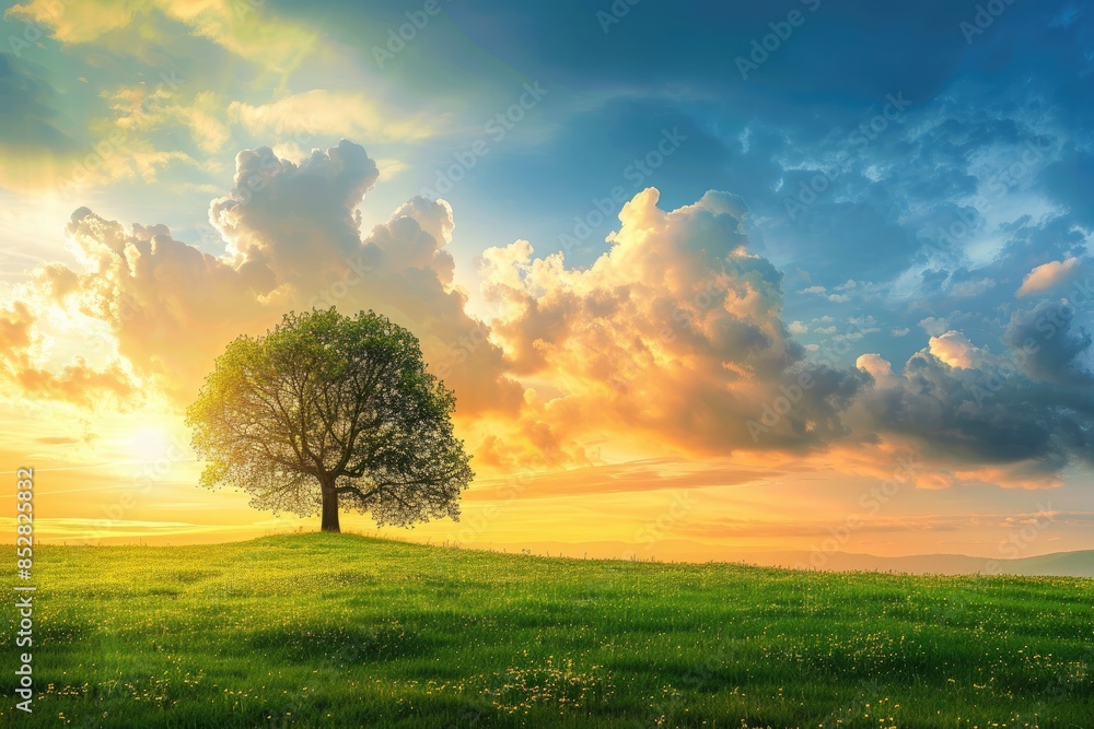 Tranquil panoramic rural landscape scenery in an early summer morning after sunrise, with a lonely tree on green meadow and colorful clouds in the gold and blue sky Tranquil panoramic rural landscape scenery in an early summer morning after sunrise, with a lonely tree on green meadow and colorful clouds in the gold and blue sky