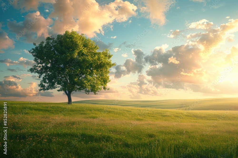 Fototapeta premium Tranquil panoramic rural landscape scenery in an early summer morning after sunrise, with a lonely tree on green meadow and colorful clouds in the gold and blue sky