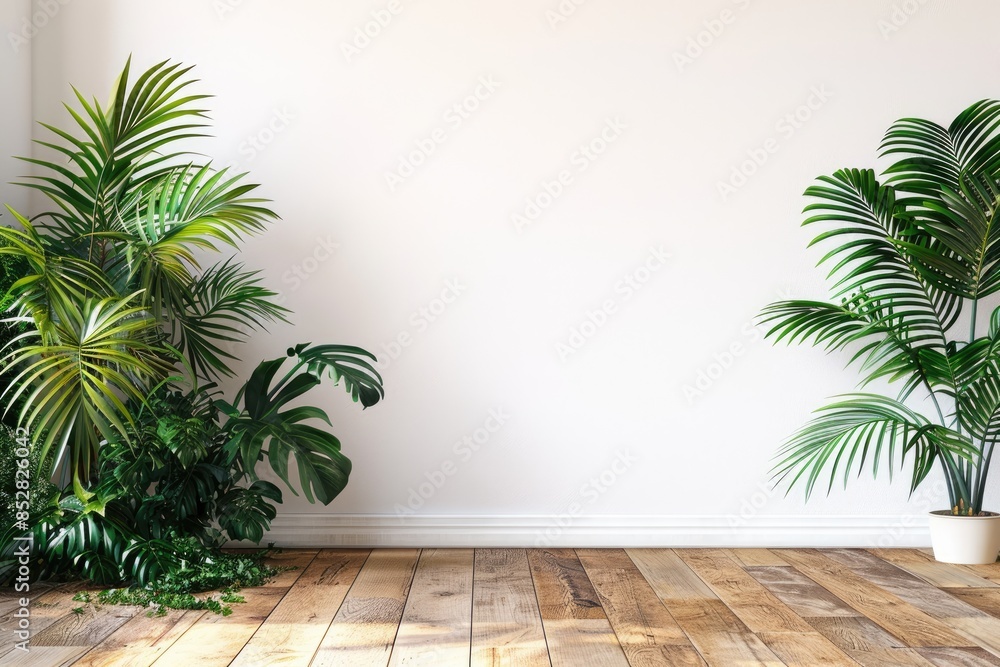 Fototapeta premium Tropical plants with lush leaves on wooden floor near white wall. Space for text.