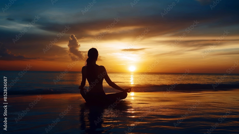 Silhouette of a person meditating on a beach at sunset, with a calm sea and vibrant sky in the background. Silhouette of a person meditating on a beach at sunset, with a calm sea and vibrant sky in the background.
