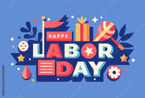 A labor day greeting card features a joyful design with a blue background
