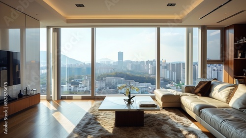 창밖에 대도시의 풍경이 보이는 고층 아파트의 거실-Living room of a high-rise apartment with a view of the city outside the window