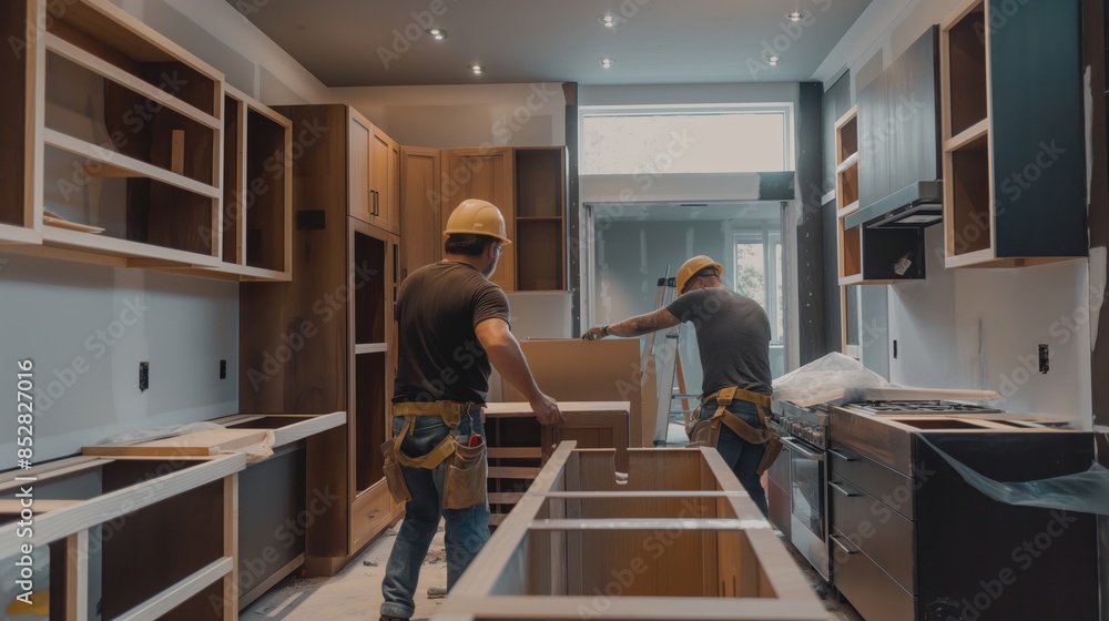 Two construction workers installing wooden cabinets in a modern kitchen under renovation with tools and materials around. Two construction workers installing wooden cabinets in a modern kitchen under renovation with tools and materials around.
