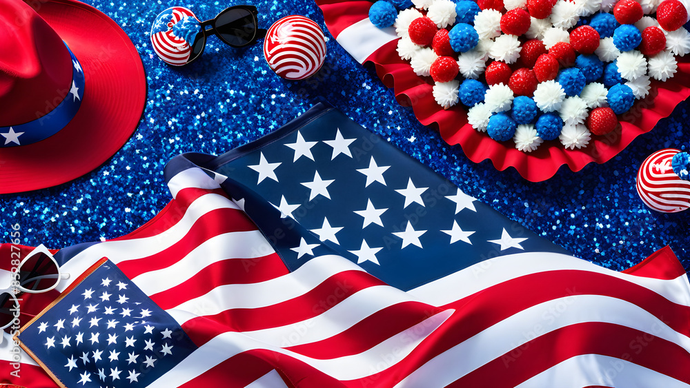 Obraz premium Fourth of July aesthetic wallpaper, Independence day concept background, Fourth of July desserts, Independence day's foods, fireworks at sky, AI generated