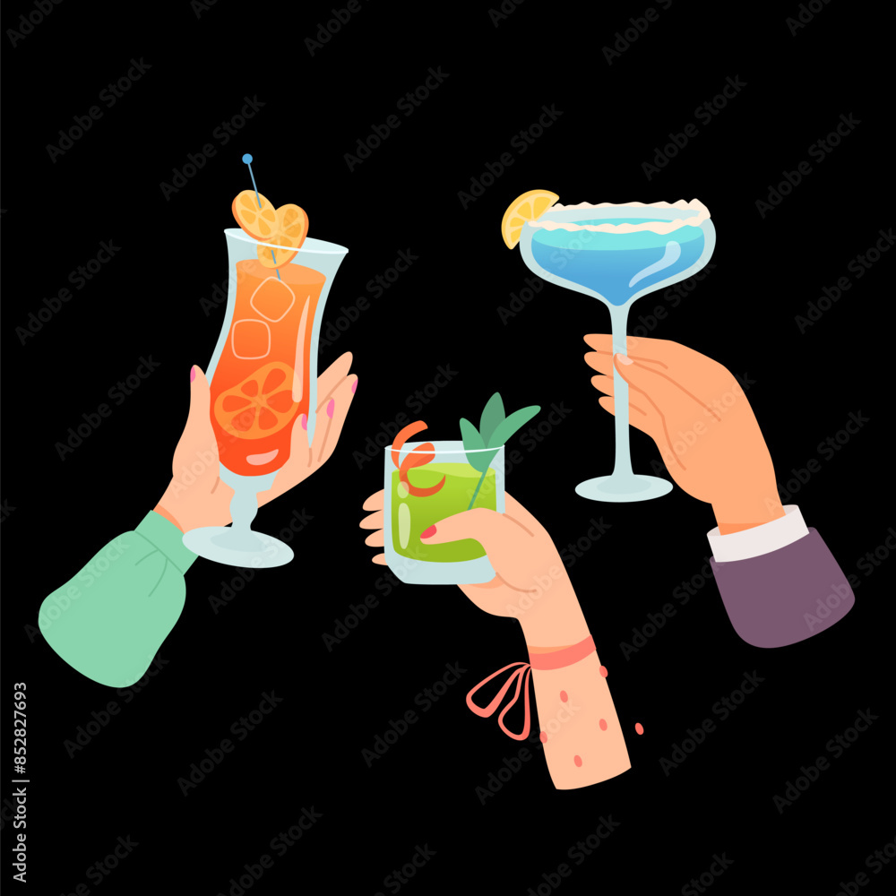 Hands with glasses of alcohol cocktails and drinks vector illustration ...