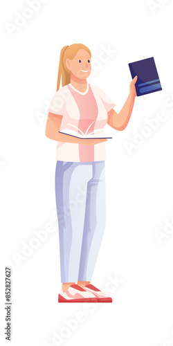 Modern young student woman holding book. Happy smiling standing female person isolated on white background. Enjoy literature, study in university, prepare for exam. Colorful flat vector illustration