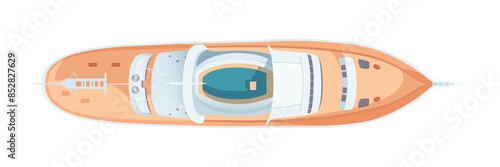 Top view sea boat vector illustration. Aerial view of yacht. Water vessel. Luxury maritime vacation and transportation