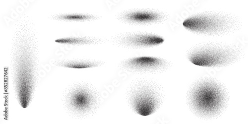 Dot grain noise gradient pattern shape set. Abstract oval and round elements with shadow spray sand effect. Vector illustration isolated on white background
