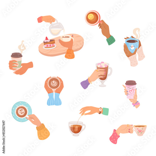 Woman hands holding coffee and tea collection. Hot drinks for breakfast, break, meeting in ceramic cups, mugs and plastic glasses. Tea time. Cartoon vector illustration isolated on white background