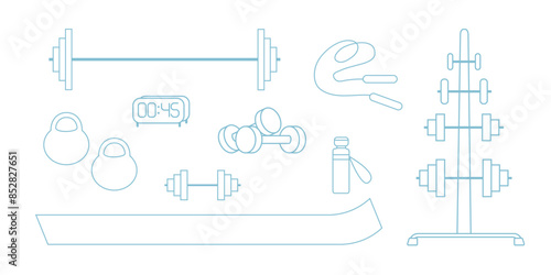 Gym equipment for workout set. Training accessories for sport club or home exercises. Bodybuilding, weightlifting. Dumbbells, barbells, jump rope, mat, icons. Isolated flat vector illustration