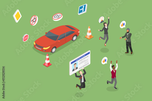 3D Isometric Flat Vector Illustration of Driver License, Auto School Final Test