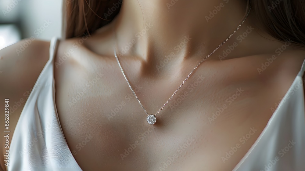 The necklace, featuring an elegant white gold chain with a single round diamond pendant hanging gracefully around her neck. The necklace, featuring an elegant white gold chain with a single round diamond pendant hanging gracefully around her neck.