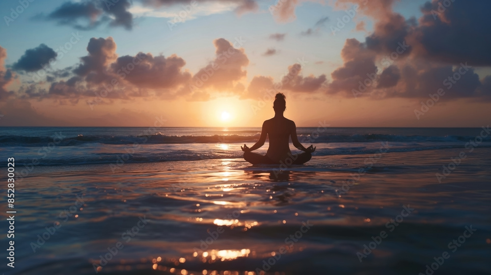 Silhouette of a person meditating in the ocean at sunrise Silhouette of a person meditating in the ocean at sunrise