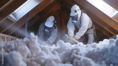Two workers wearing protective gear, including masks and goggles, installing insulation in an attic, creating a dusty environment.