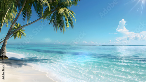 Tropical Paradise beach scene with palm trees and copy space for Summer.