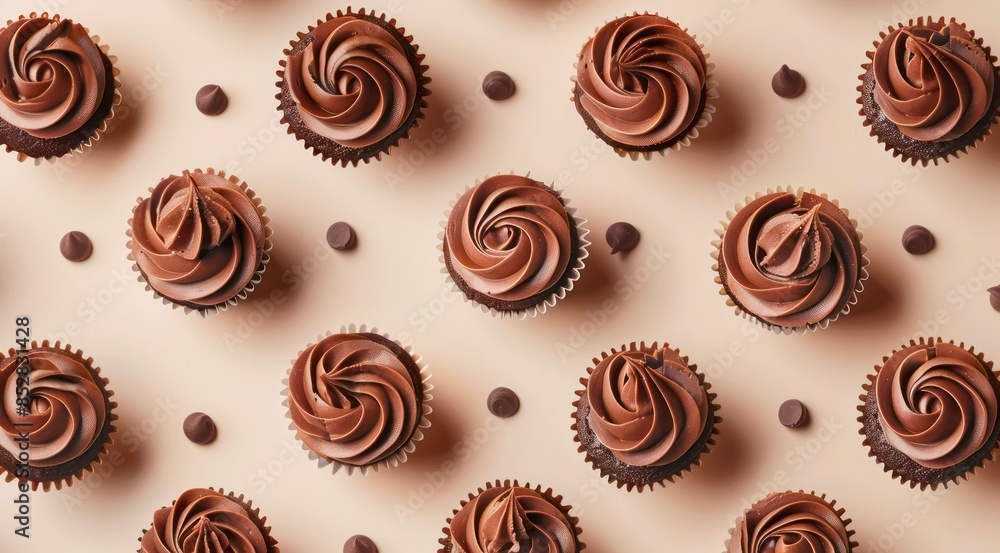 Pattern with chocolate cupcakes on pastel cream background, top view. Muffins with chocolate frosting, minimal flat lay style. Pattern with chocolate cupcakes on pastel cream background, top view. Muffins with chocolate frosting, minimal flat lay style.
