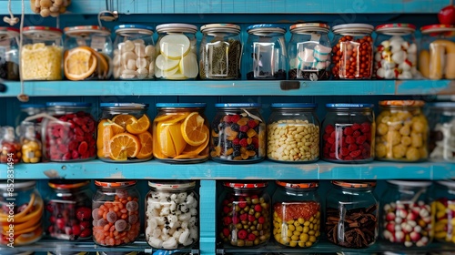 A colorful display of various jars filled with candy, fruit, and dried fruits on blue shelves in the background.