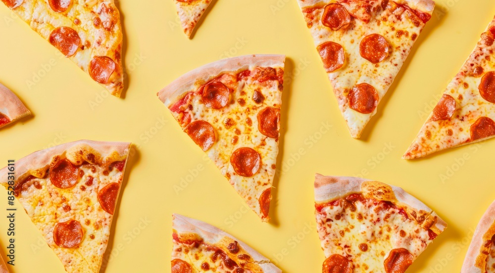 Slices of pizza with cheese and salami on yellow background, top view. Pattern composition of pepperoni pizza slices, minimal flat lay style. Slices of pizza with cheese and salami on yellow background, top view. Pattern composition of pepperoni pizza slices, minimal flat lay style.