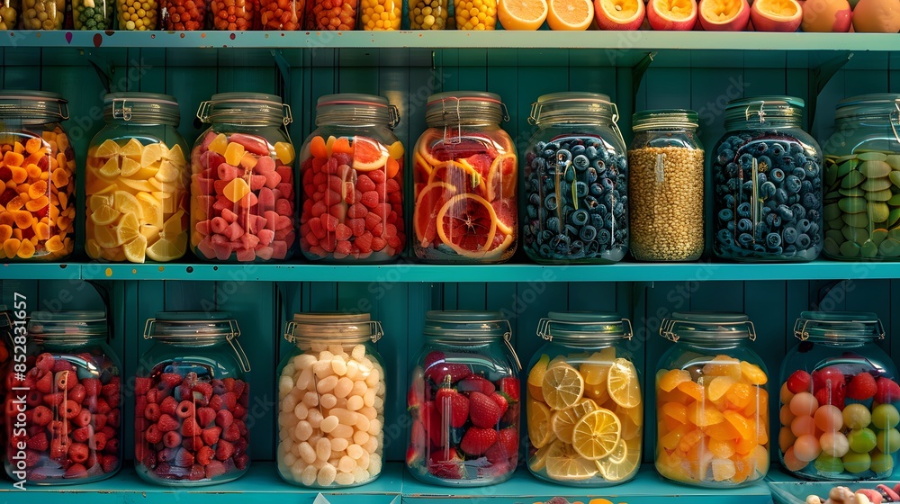 A colorful display of various jars filled with candy, fruit, and dried fruits on blue shelves in the background. A colorful display of various jars filled with candy, fruit, and dried fruits on blue shelves in the background.