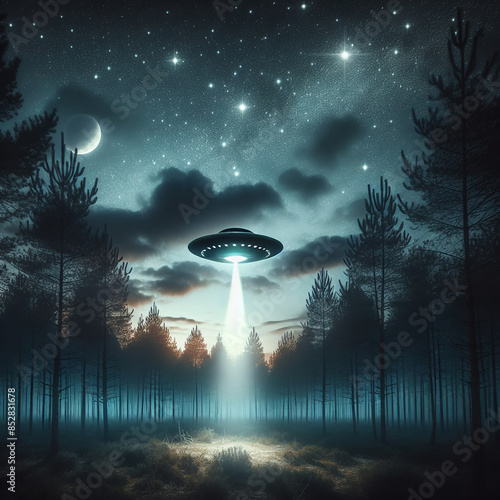 Alien Flying Saucer in Sky Emitting Ray of Light, Illuminating Forest under Starry Sky, Mysterious Sci-Fi Scene photo