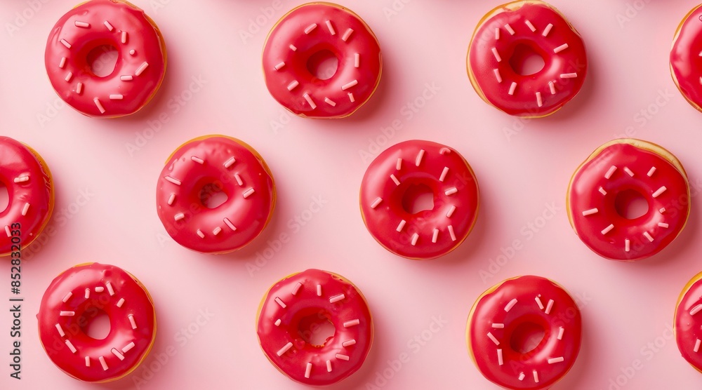 Pattern composition of doughnuts with red icing on pastel pink background, top view. Red glazed donuts, minimal flat lay style. Pattern composition of doughnuts with red icing on pastel pink background, top view. Red glazed donuts, minimal flat lay style.